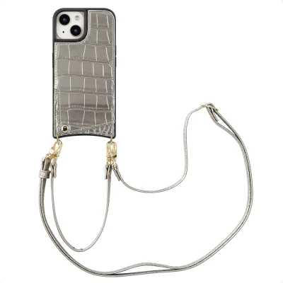 Afbeelding van Selencia Hoesje Geschikt voor iPhone 15 met Pasjeshouder Nova Croco Backcover koord en pashouder Zilver