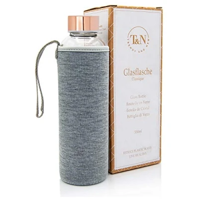 Afbeelding van glazen fles, 550 ml, drinkfles met neopreen hoes, lekvrij, van dik borosilicaatglas, geschikt voor koolzuur, slank design