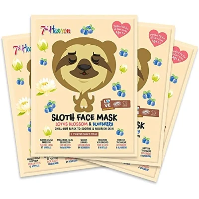 Afbeelding van 7th Heaven Sloth Face Sheet Mask met lotusbloem en bosbessen voor kalmering verzorging van de huid, plezier feestjes selfies (vanaf 8 jaar), multipack, 4 stuks (1 stuk)