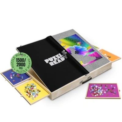Afbeelding van Puzzle Ready puzzelbord kantelen met laden en afdekmat, 1500 stuks houten legpuzzeltafel 91,4 x 68,6 cm draagbaar 3 kantelhoeken vilten werkoppervlak