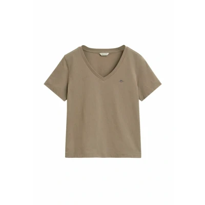 Afbeelding van GANT Shield Vneck Tshirt basic, Dames, Maat: Large, Taupe beige