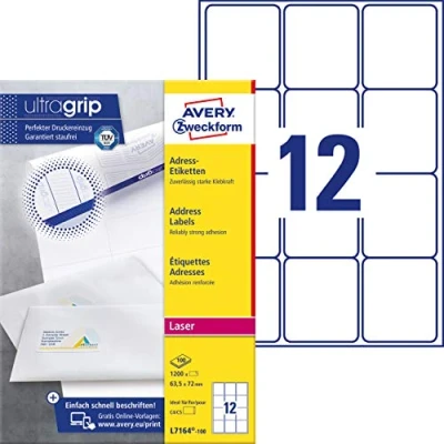 Afbeelding van AVERY Zweckform L7164 100 adreslabels/adresstickers (1200 etiketten met ultragrip, 63,5x72mm op A4, bedrukbaar, zelfklevend, voor DIN C4/C5 enveloppen, papier mat) vel, wit