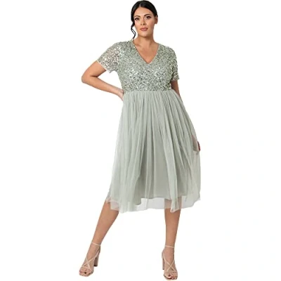 Afbeelding van Maya Deluxe Dames V hals midi, versierd bruidsmeisje jurk, Groene Lelie, 46