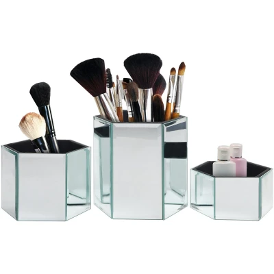 Afbeelding van Kurtzy Set van 3 Gespiegelde Hexagonale Make Up &amp; Cosmetische Borstel Houder Small, Medium Large Zilveren Potten Huis Badkamer Schoonheidsunit Opslag Organiser Praktisch Moderne Pennenbak