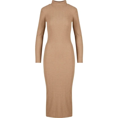 Afbeelding van Urban Classics Damesjurk Rib Longlseeve Mockneck Dress, lange mouwen maxi jurk met rolkraag, slim fit, beige gemêleerd, L