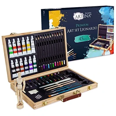 Afbeelding van Artina Tekendoos Leonardo Tekenkoffer met Ledenpop Schilderkist 45 stuks Schilderset Acryl Verf, Pastelverf, Penselen