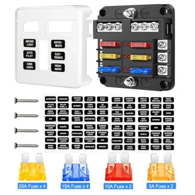 Afbeelding van zekeringhouder, 6 weg platte 12 V, waterdichte zekeringdoos met 30 stuks zekeringen en led display voor auto, boot, bestelwagen, SUV, vrachtwagen