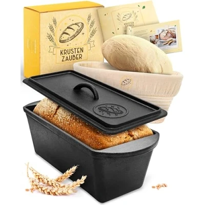 Afbeelding van KRUSTENZAUBER Broodbakvorm met deksel incl. fermentatiemand robuuste 28 cm bakvorm van gietijzer ideaal als bakvorm, toastbrood gietijzeren pan brood bakken accessoires
