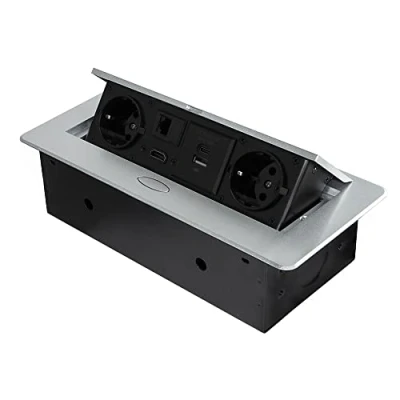 Afbeelding van Emuca Uitschuifbare en in de tafel intrekbare meervoudige stekkerdoos, stekker (EU type F, USB A+C, RJ45 HDMI), 265 x 120 mm, aluminiumkleurige lak