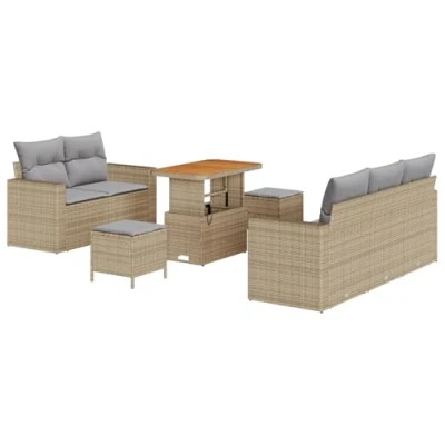 Afbeelding van vidaXL 8 delige Tuin Sofa Set met Kussens Beige Poly Rattan Acacia, 3 Eettafel Acacia