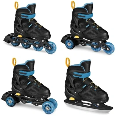 Afbeelding van SPOKEY QUATTRO Set 4 in 1 inliner/rolschaatsen/triskates/schaatsen verstelbaar, voor kinderen en jongeren, inlineskates om te bouwen tot rolschaatsen, maten: 30 33, 34 37, 38 41 (zwart/blauw, 37)