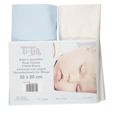 Afbeelding van Ti TIN Set van 2 hoeslakens voor kinderbed of maxibed, 100% katoen, hoeslaken met elastiek, stuks, wit en hemelsblauw, 70 x 140 cm