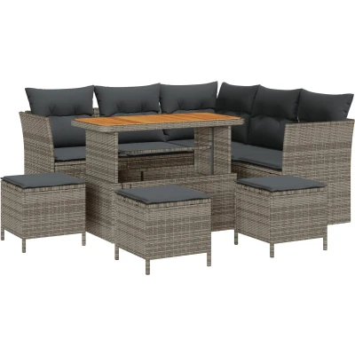 Afbeelding van vidaXL 9 delige Tuin Sofa Set met Kussens Grijs Poly Rattan Acacia, 4 Eetset Acacia