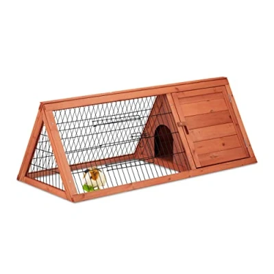 Afbeelding van Relaxdays klein konijnenhok, met ren, 2 ingangen, HBD: 41 x 110 49 cm, driehoek, binnen, buiten, hout, metaal, natuur