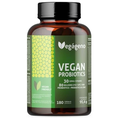 Afbeelding van Vegageno Probiotics 180 capsules kweekcomplex 30 stammen &amp; 80 miljard CFU Probiotica darmreiniging darmbacteriën voor een gezonde darmflora. Kaplsen met prebiotica.