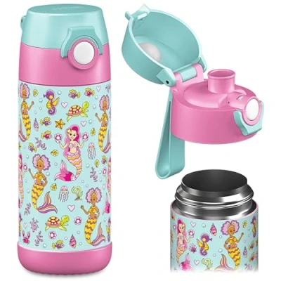 Afbeelding van Jarlson® MALI Drinkfles voor kinderen, roestvrij staal, BPA vrij, lekvrij, kinderfles met Chug deksel, fles school, kleuterschool, 350 ml (zeemeermin, ml)