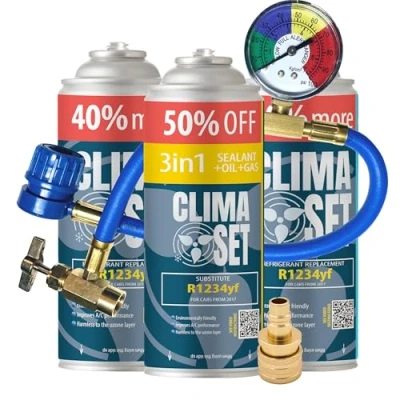 Afbeelding van Clima Set Vervanging Gas R1234yf 3 in 1 1x235g voor autoairconditioning + 2 x 235 g koelmiddel slang met manometer en LP/HP adapter