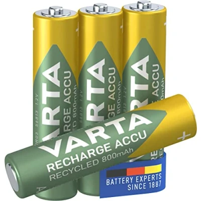 Afbeelding van VARTA Recharge accu Recycled oplaadbaar, Ready to use voorgeladen AAA Micro Ni MH (verpakking met 4 stuks, 800mAh) voor 11% gemaakt van hergebruikt materiaal herlaadbaar zonder memory effect