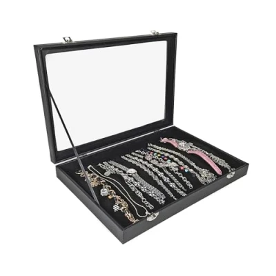 Afbeelding van Sieradendoos, sieradenlade, sieradendisplay voor kettingen, armbanden met glazen deksel, zwart