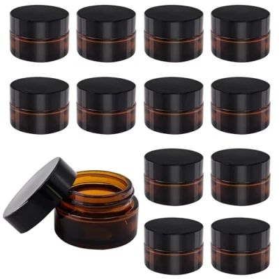Afbeelding van TOKSEO 12 stuks amberglas, lege doos, 20 ml zalfpotjes, crèmepotjes om te vullen, bruine glazen container met deksel en liner voor cosmetica, crèmes, lotions, etherische oliën