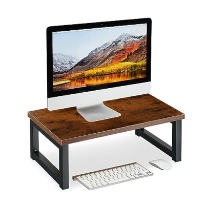 Afbeelding van Relaxdays monitorstandaard, beeldschermverhoger voor bureau, HxBxD: 15 x 40 23 cm, industrieel design, bruin/zwart