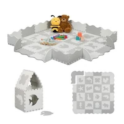 Afbeelding van Relaxdays puzzelmat baby met rand kinderen foam afwasbaar wit grijs