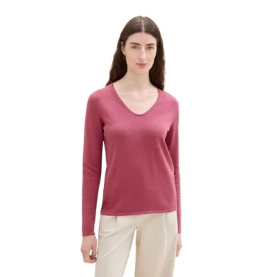 Afbeelding van TOM Tailor Basic Vneck Trui, Dames, Maat: XS, Pink velvet