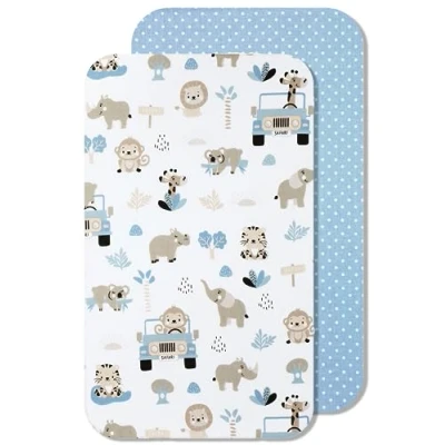 Afbeelding van Lovely Hippo Hoeslaken Cododo 2 Stucks 100% Puur Katoen Pack 55x90 cm Compatibel met Babybedjes, ledikanten Gemaakt in Europa (Blauwe safari, 55 x 90 cm)