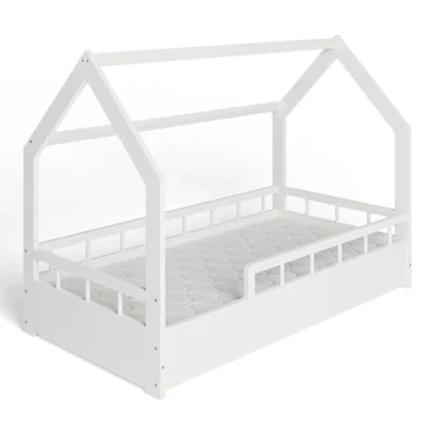 Afbeelding van MS FACTORY Huisbed met Matras 80x160 cm Kinderbed valbeveiliging Dennenhouten bed lattenbodem Halve Barrière Wit