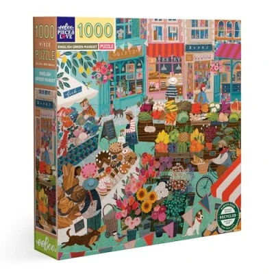 Afbeelding van eeBoo Engelse groene markt 1000 stukjes gerecycled karton kleurrijke puzzel op de dorpsmarkt PZTEGM