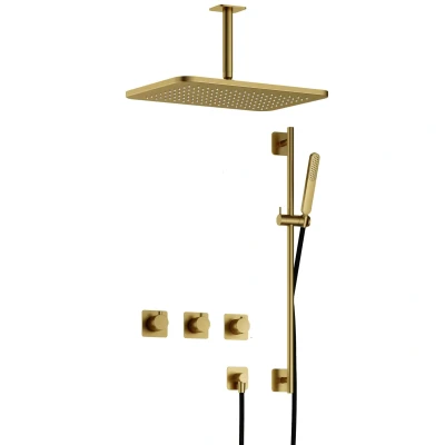 Afbeelding van Hotbath Gal Regendoucheset IBSGL70257 Geborsteld Messing PVD Staaf Handdouche 40cm Hoofddouche 15cm Plafondbuis met glijstang