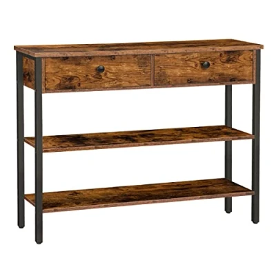 Afbeelding van HOOBRO Consoletafel, haltafel met 2 laden en planken, banktafel stevig metalen frame, voor entree, hal, woonkamer, vintage bruin zwart EBF32XG01