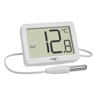 Afbeelding van TFA Dostmann Digitale binnen en buitenthermometer, 30.1066.02, incl. waterdichte sensor (ca. 3 m), maximum laagste waarden, met magneet/standaard, groot display, werkt op batterijen, compact, wit