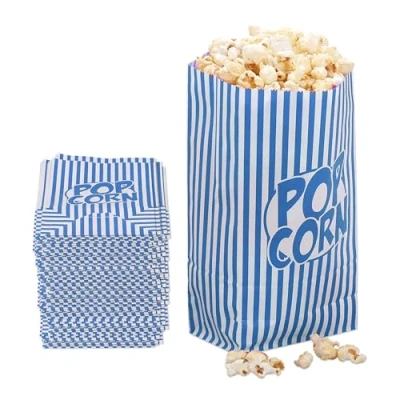 Afbeelding van Relaxdays popcorn zakjes 144 stuks papier retro look gestreept blauw wit