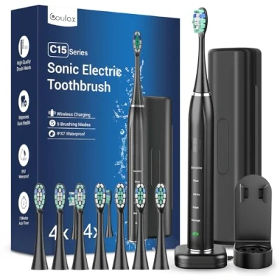 Afbeelding van Sonic elektrische tandenborstel, sonische COULAX reistandenborstels, 8 koppen, 5 modi, timer, zwart