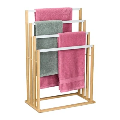 Afbeelding van Relaxdays staand handdoekenrek bamboe 4 stangen houten handdoekhouder badkamer