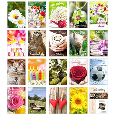 Afbeelding van Edition Seidel Set 20 verjaardagskaarten, wenskaarten voor verjaardag met envelop. Wenskaart, verjaardagskaart, Happy Birthday, man, vrouw, kaarten, spreuken (SW02) (set 2)