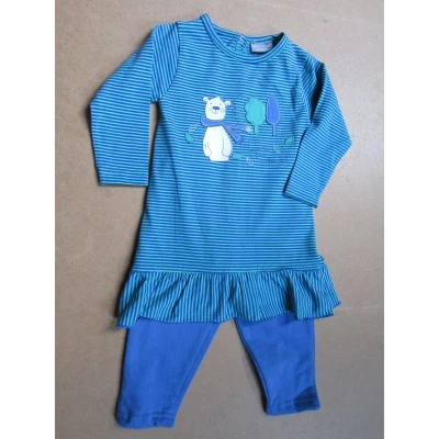 Afbeelding van wiplala , kledingset kleedje+ legging streep groen blauw 9 maan 74