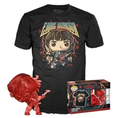 Afbeelding van Funko POP! &amp; Tee: Stranger Things Hunter Eddie met gitaar medium T shirt kleding verzamelbare vinylfiguur cadeau idee speelgoed en korte mouwen voor volwassenen, uniseks