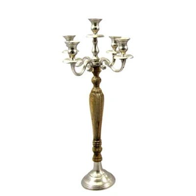 Afbeelding van Kandelaar 5 armige van hout en metaal bruin/zilver hoogte 60 cm
