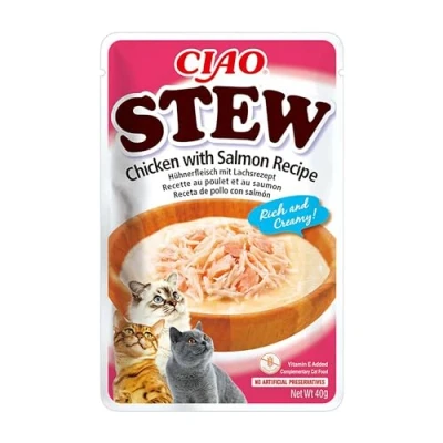 Afbeelding van INABA Churu Stew Stoofpot voor katten, snacks recept kip/zalm, rijke en romige onderscheidingen, zonder granen, conserveringsmiddelen, kleurstoffen, weinig calorieën, 40 g