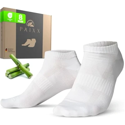 Afbeelding van PAIXX Premium bamboe sneakersokken, 8 stuks, 43 46 en 39 42, voor heren dames, ademend, antibacteriële enkelsokken tegen zweetvoeten, pluisvrije anti geur, bamboesokken, wit, paar, 42 EU
