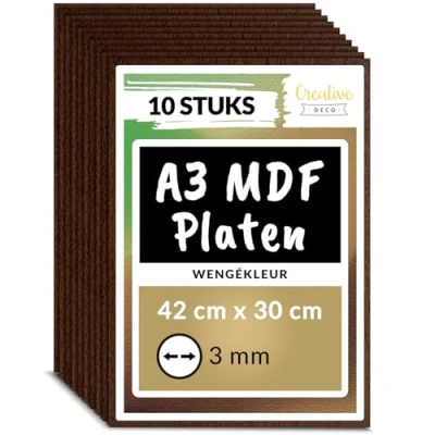 Afbeelding van Creative Deco 10 x A3 MDF Plaat Bruin 420 300 3 mm Perfect voor Lasersnijden, CNC Frezen, Modelleren, Freeswerk, Figuurzagen