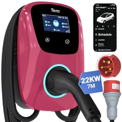 Afbeelding van Tera EV oplader Smart APP: 32A type 2 22kW of 11kW thuis laadstation 400V CE &amp; TÜV Wallbox 7 m oplaadkabel met lader houder app besturing CEE 3 fasen stekker voor alle EV&#039;s en PHEV&#039;s W01 magenta