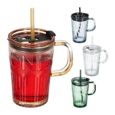 Afbeelding van Relaxdays drinkglazen met handvat set van 4 limonadeglazen kleuren deksel glas