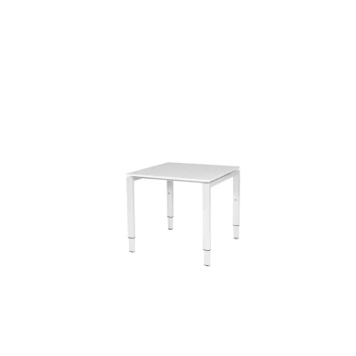 Afbeelding van Domino bureau, hoogte instelbaar (62 85cm) met 80x80cm &#039;zwevend&#039; licht grijs 25mm blad en wit (RAL9010) N poot frame.
