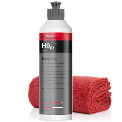 Afbeelding van detailmate Koch Chemie polijstset: Heavy Cut H9.02 siliconenolievrij polijstmiddel, 250ml microvezeldoek 550GSM, 40x40cm