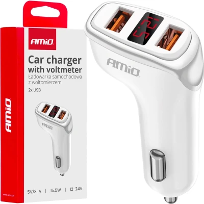 Afbeelding van AMiO Autolader Telefoon 2x USB A 3.1A LCD 12/24V Wit