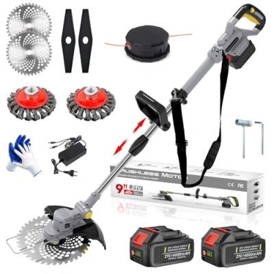 Afbeelding van Elektrische grastrimmer, 21 V, borstelloze accu, 4 in 1, met 2 accu&#039;s van 4,0 Ah, onkruidborstel, verstelbare handgreep, telescopische buis, 90 graden draaibare kop voor gazon en tuin