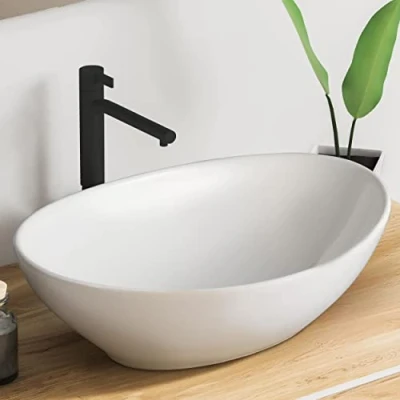 Afbeelding van VMbathrooms Premium ovale wastafel met lotuseffect, opzetwastafel voor badkamer en gastentoilet, waskom zonder kraangat overloop, zuiver witte